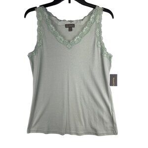 Style & Co Womens Medium Scallop Tank  Enchant Mint V-Neck Lace Trim Cotton Slee